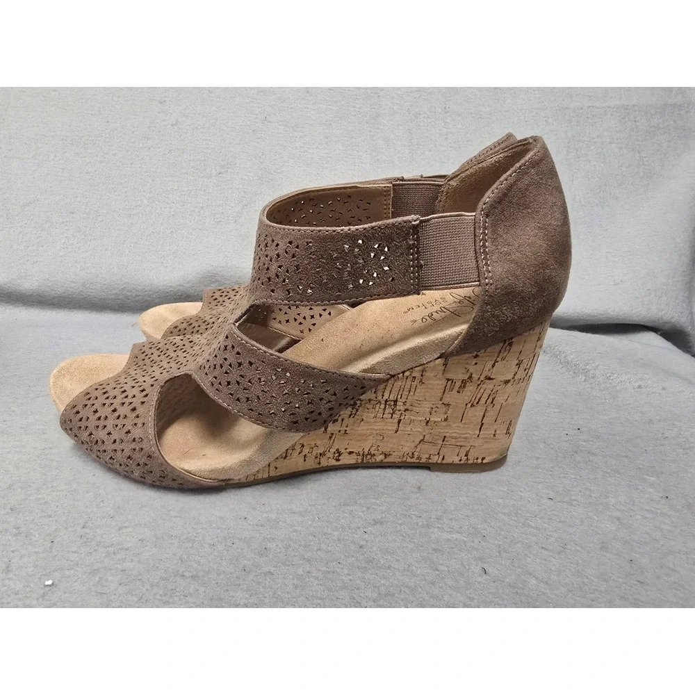 LifeStride Heidi Womens 10W Taupe Cork Wedge Heel Sandals Soft System Comfort
